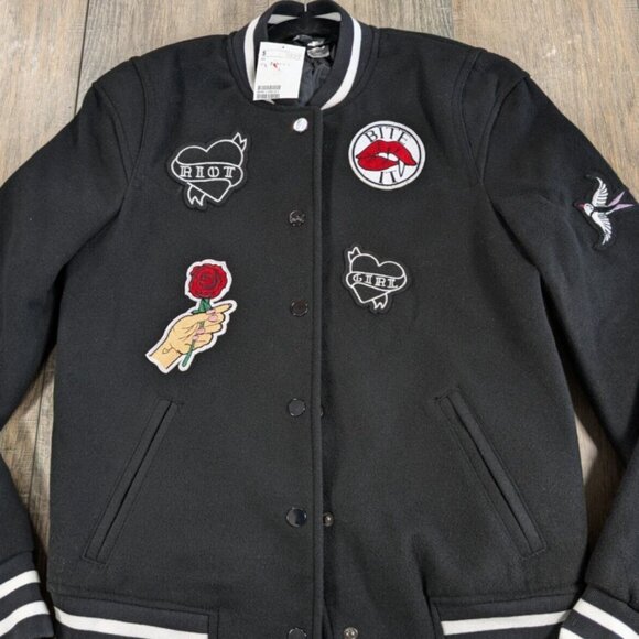 H&M Divided Varsity Jacket Womens 2 Black Long Sleeve Patches Riot Girl Vampire - Picture 1 of 10